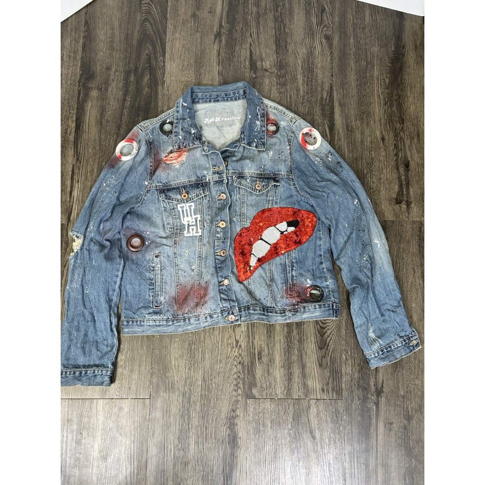 Custom Upcycled Jean Jacket Women L Distressed Sequin Lips Patch OOAK⁠